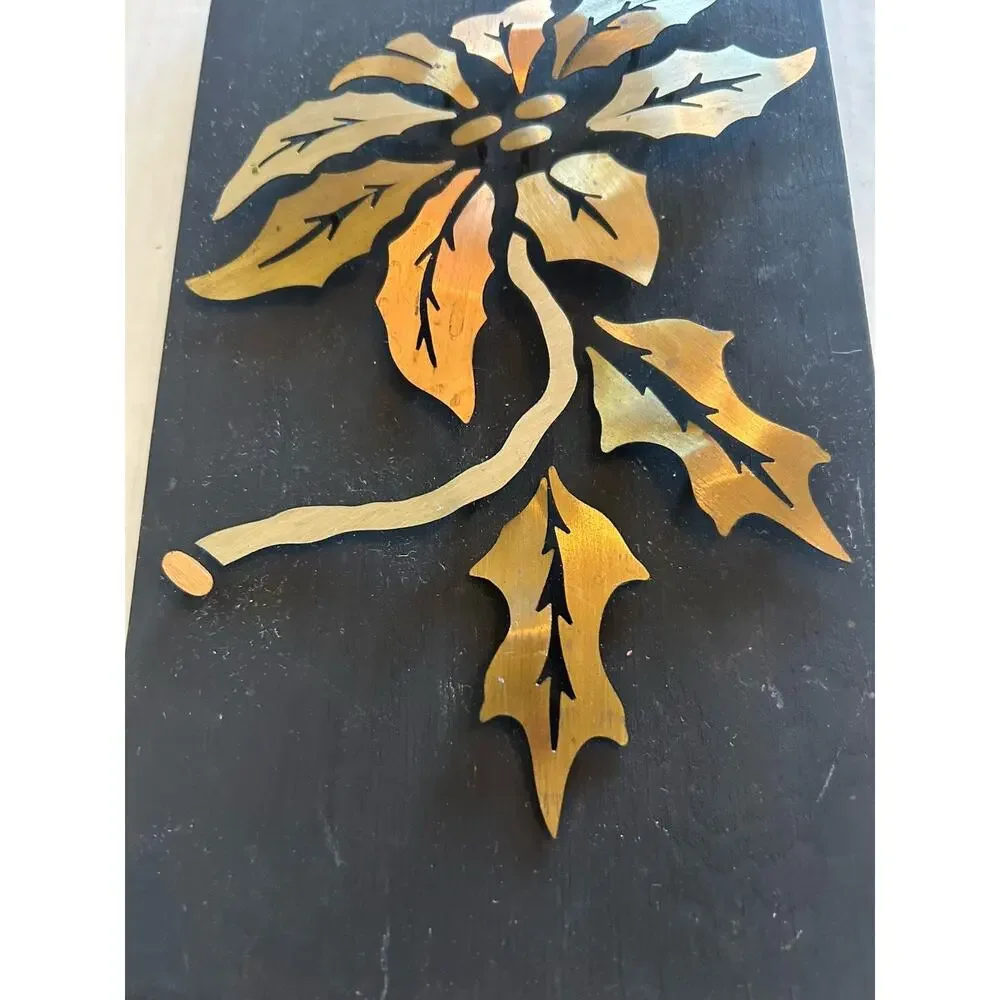 Vtg Floral Copper Brass Pewter Inlay On Wood Small Art Wall Hanging 5.5x9” MCM